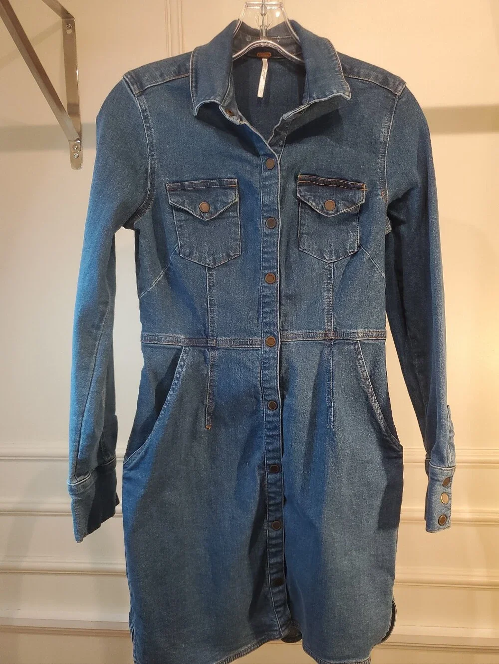 Free People Dynomite Denim Blue Mini Shirt Dress Women's Size Small Button Up